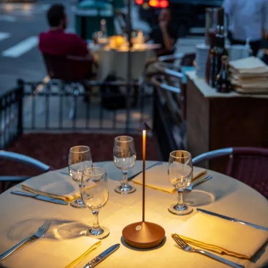 Portable wireless LED table lamp, dimmable, sleek design. Ideal for indoor decor & outdoor lighting needs.