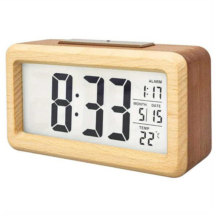 Modern wooden digital alarm clock with bright LED display, showing time, temperature, and date.