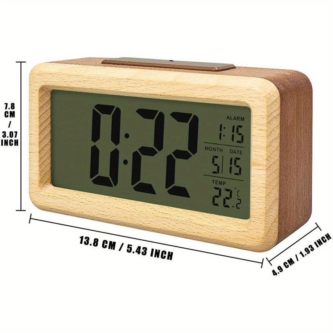 Stylish wooden desk clock, a smart digital alarm with LED display for time, temp, and date.