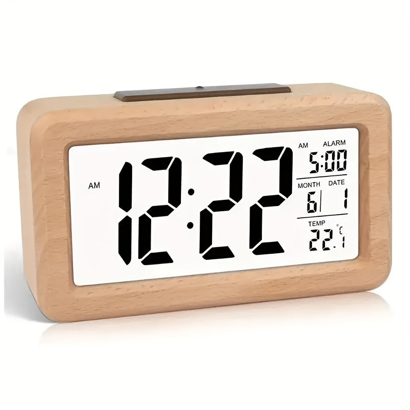 Battery-powered wooden digital alarm clock. Features LED display, temperature, and date.
