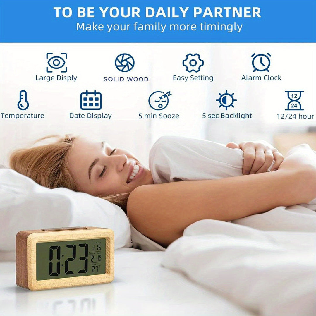 Elegant wooden LED digital alarm clock, perfect home decor showing time, date & temp.