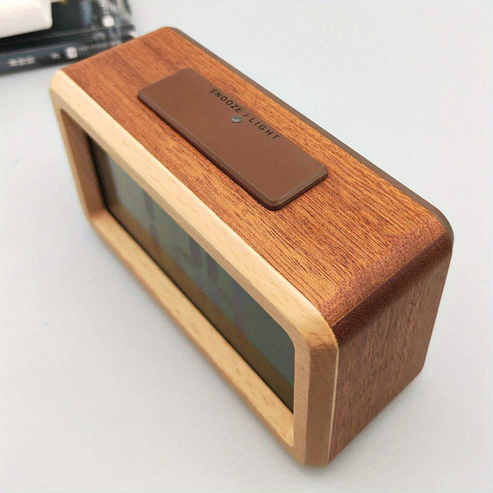 Smart wooden clock with digital alarm, bright LED display of time, temp, and date.