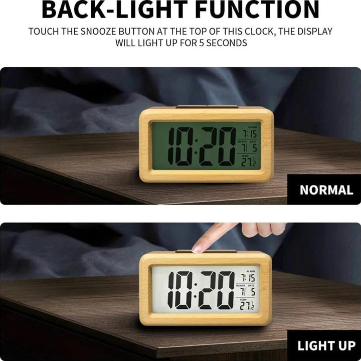 Home decor wooden digital alarm clock with LED display, showing time, temperature, and date.