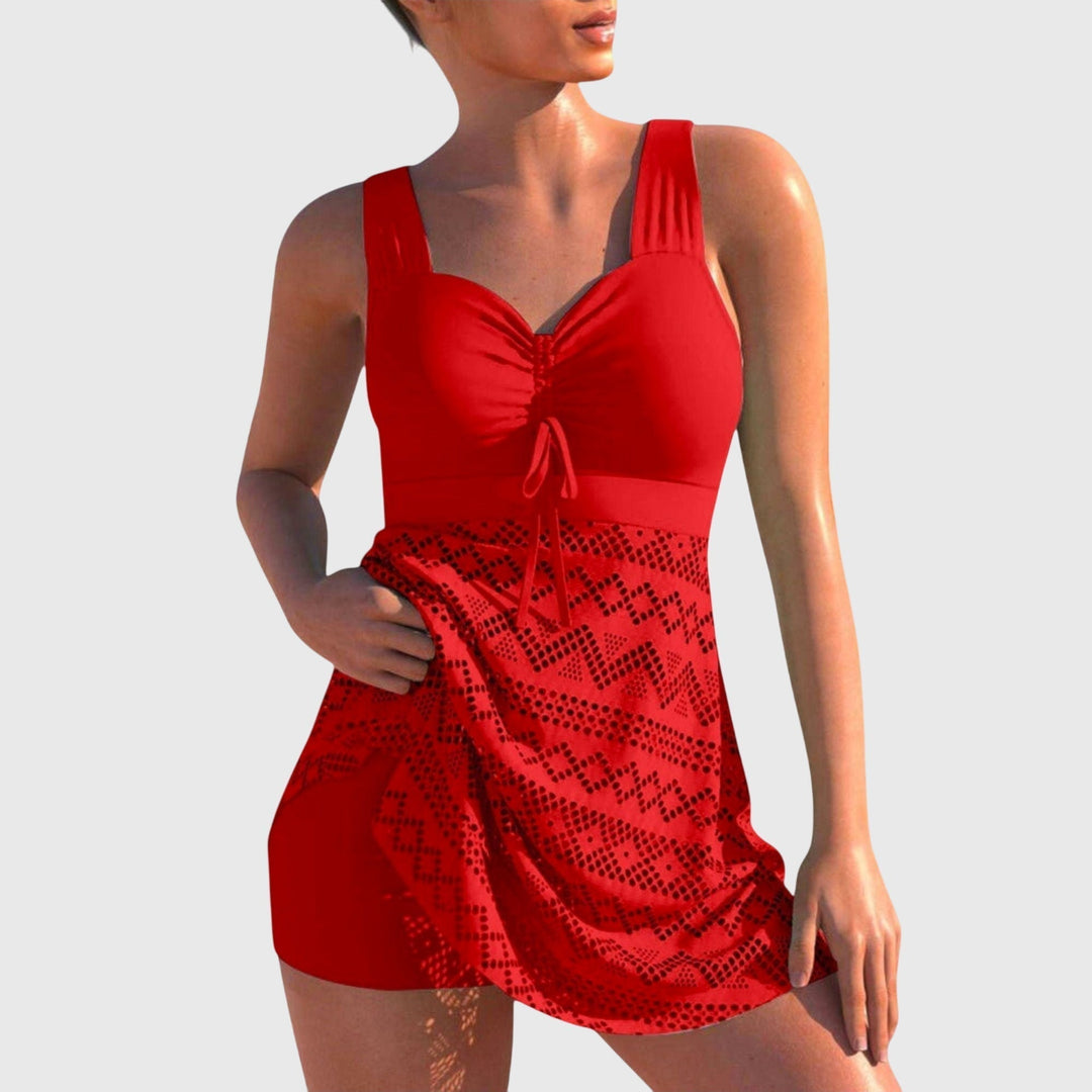 Stylish modest two-piece swim skirt set for women, featuring a vibrant design, essential resort wear.