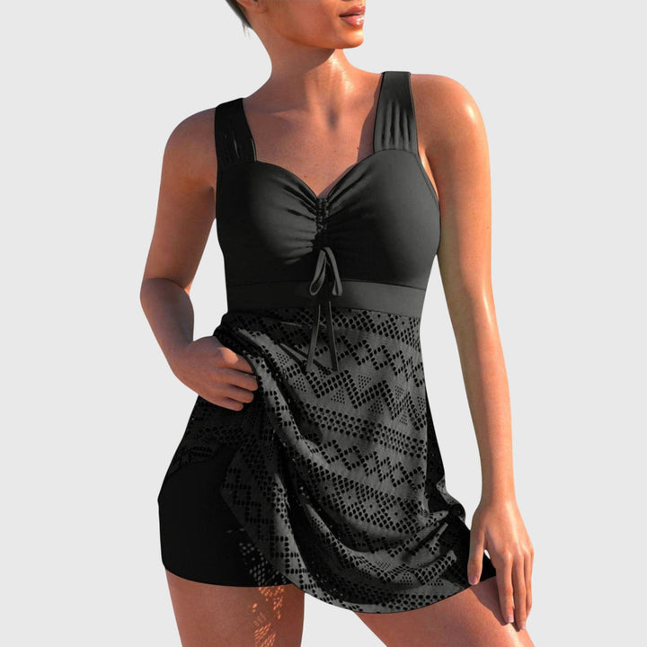 Patterned modest two-piece swim skirt set, offering elegant full coverage for women's swimwear.