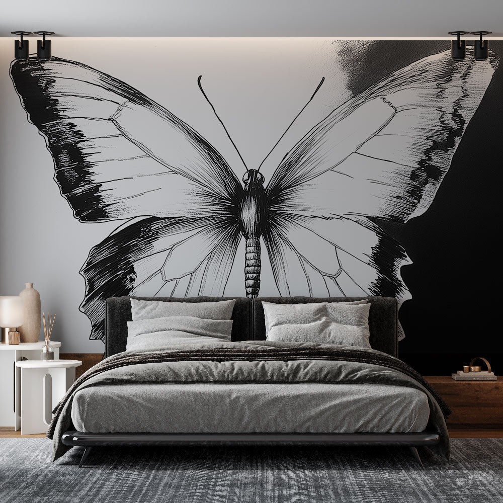 Monochrome butterfly wall art wallpaper. Peel & stick, removable classical nature modern wall decor for home accent.