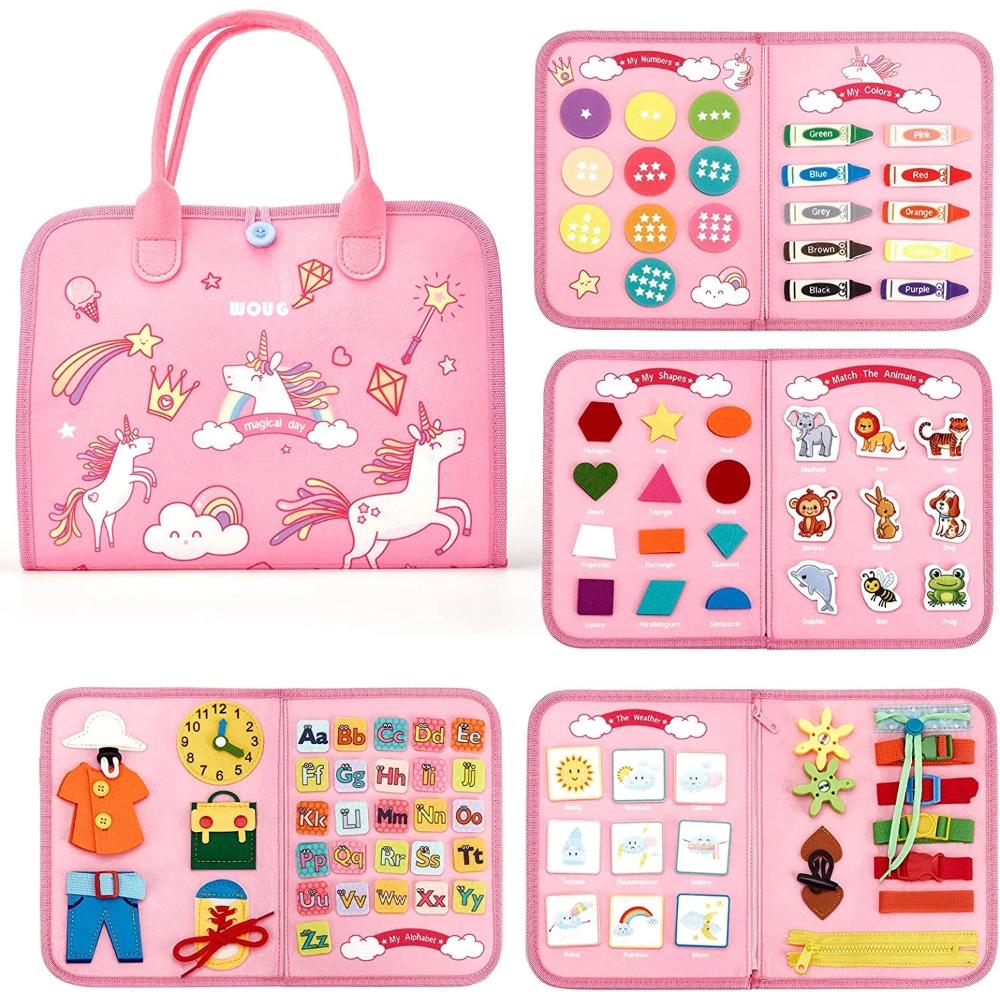Montessori Toddler Busy Board for educational activity, developing fine motor skills & early learning in preschoolers.