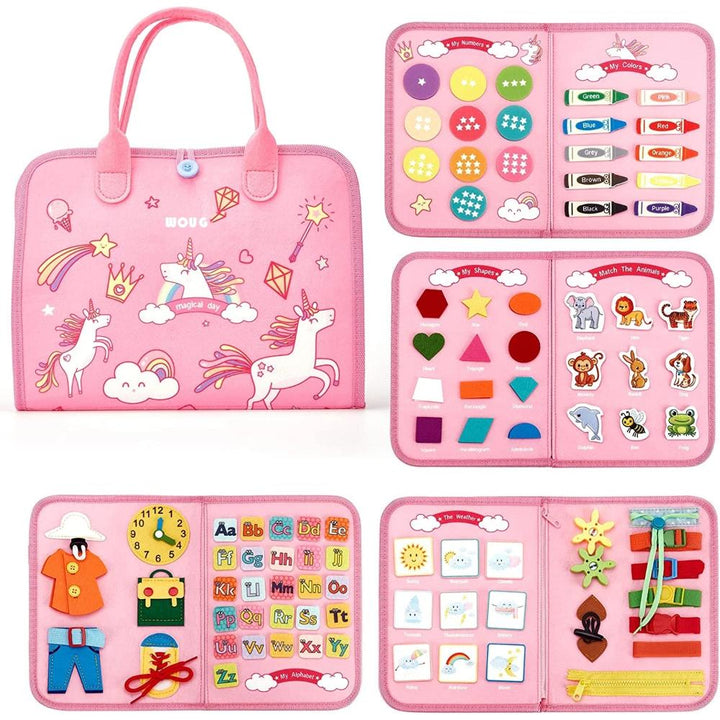 Montessori Toddler Busy Board for educational activity, developing fine motor skills & early learning in preschoolers.