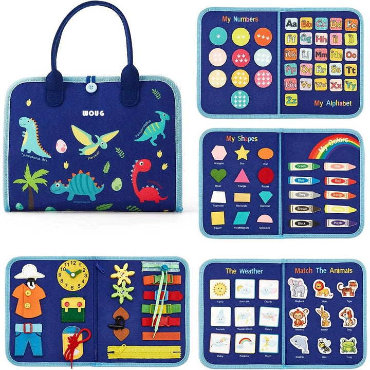 Close-up of Montessori busy board with buckles, zippers, & laces; sensory toy for toddler fine motor skill development.