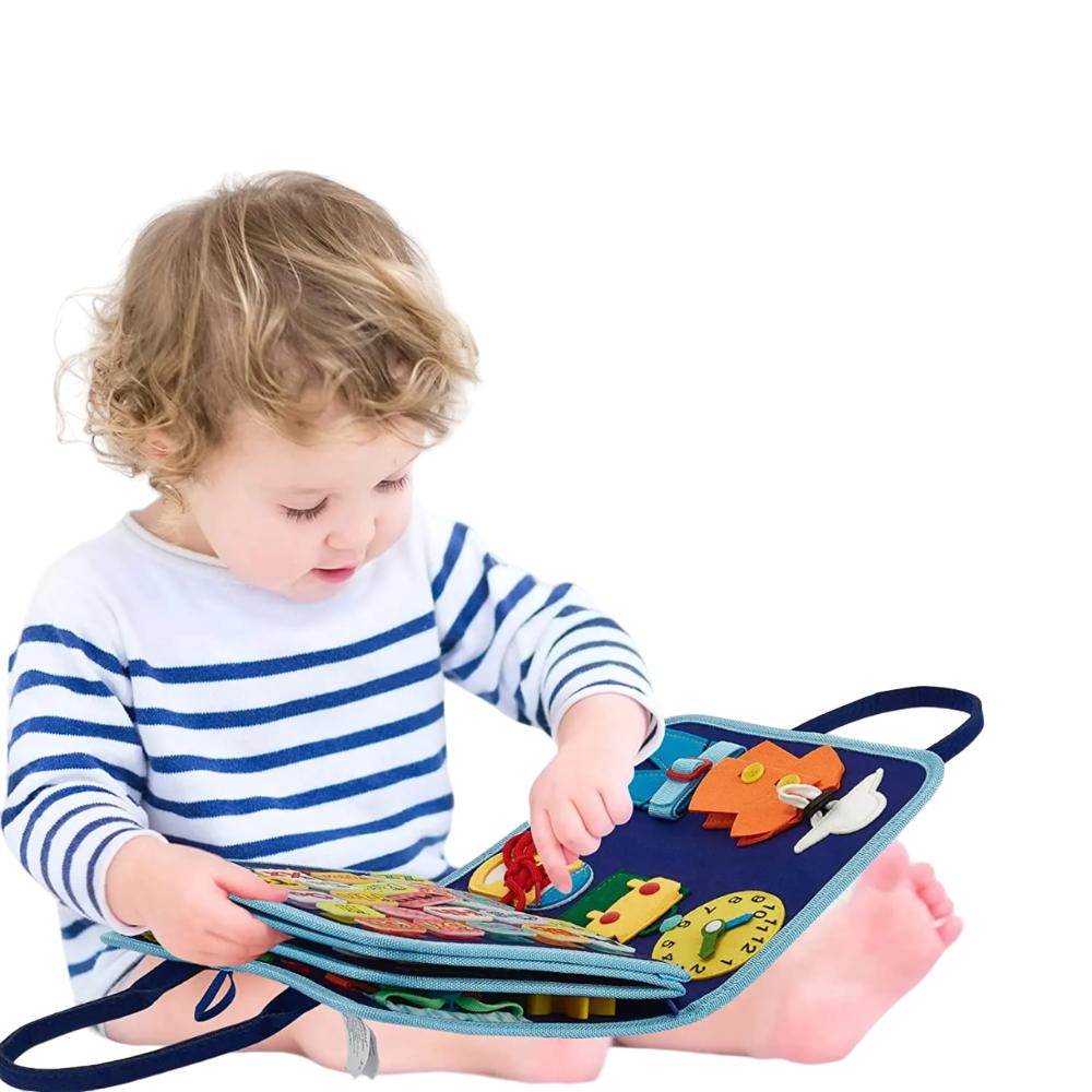 Vibrant Montessori busy board, an engaging educational activity toy promoting brain development & preschool learning for kids.