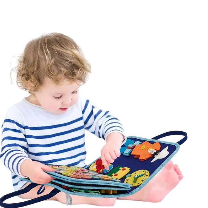 Vibrant Montessori busy board, an engaging educational activity toy promoting brain development & preschool learning for kids.