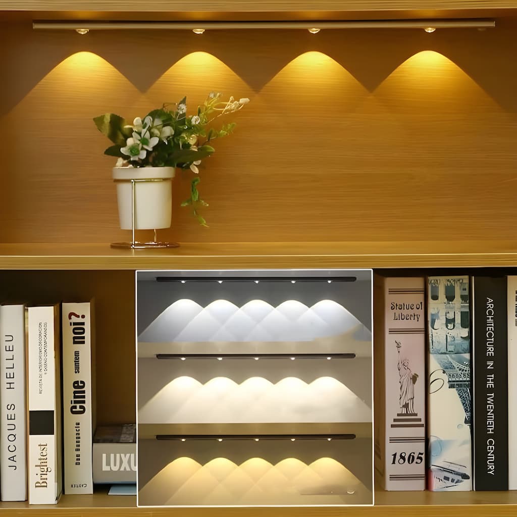 "Motion Sensor LED Light Fixture, wireless, adjustable, sleek design in black, perfect for lighting hallways and living rooms