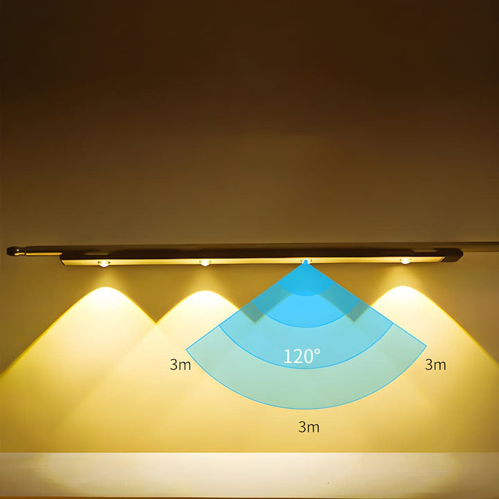 "Motion Sensor LED Light Fixture, wireless, adjustable, sleek design in black, perfect for lighting hallways and living rooms