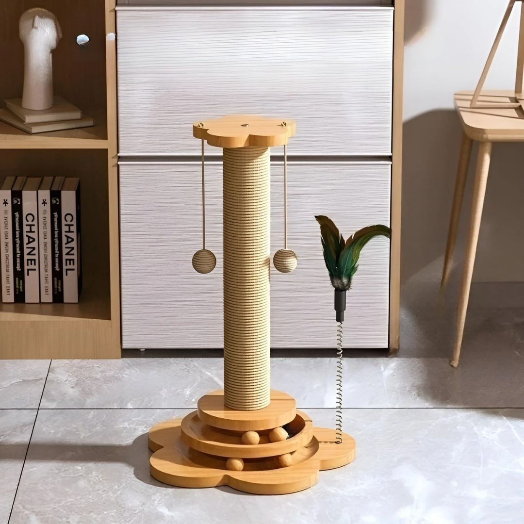 Multi-activity wooden cat scratching post toy with natural wood for feline fun and enrichment.