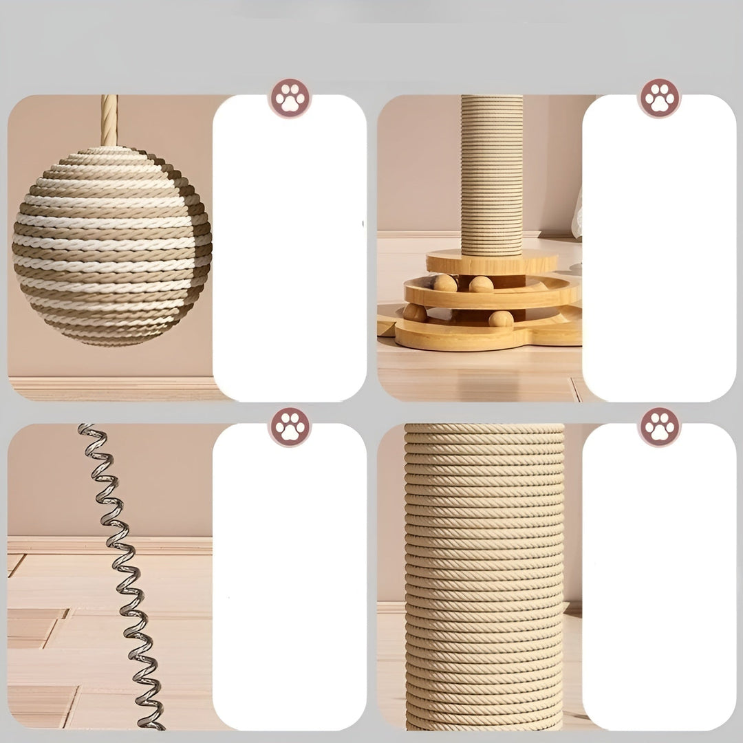 Durable wooden cat play tower with scratching posts, perfect for interactive feline enrichment.