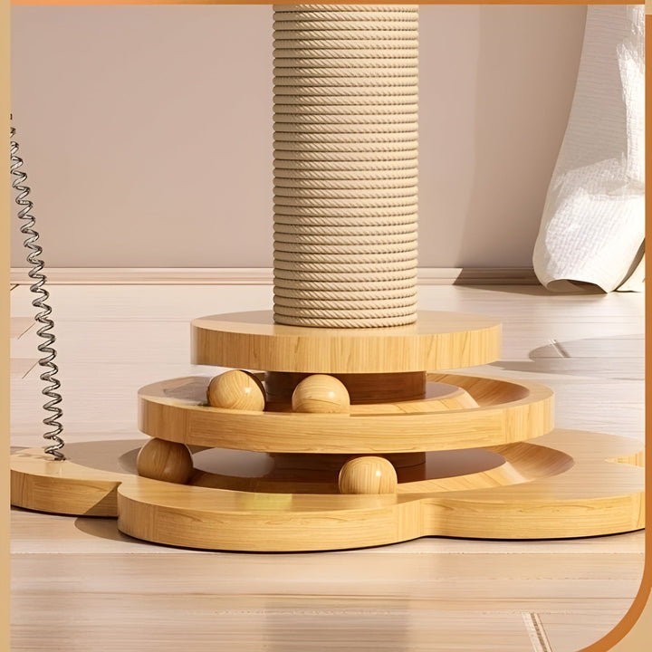 Interactive cat scratching post made of wood, a durable pet supply for feline play and exercise.