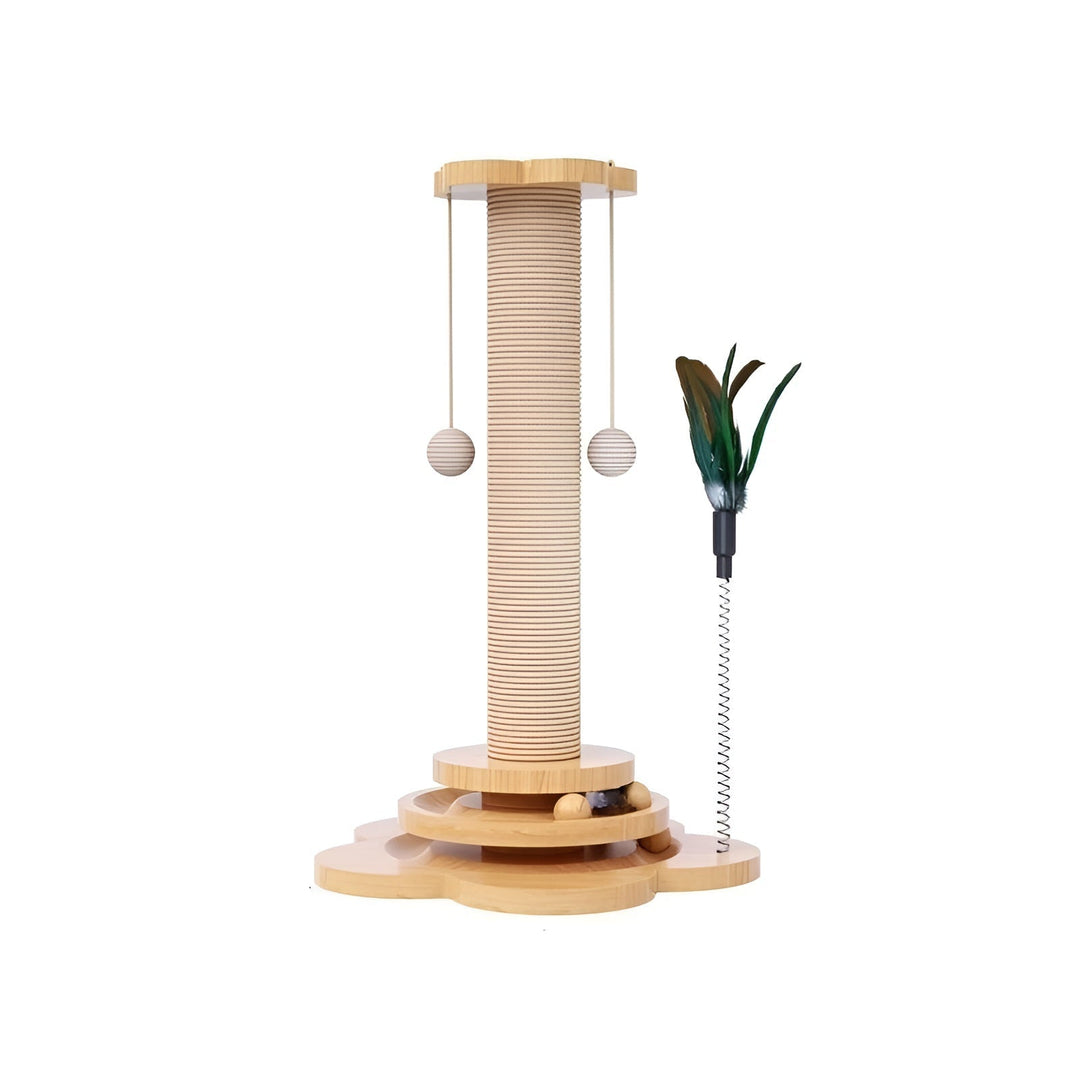 Wooden multi-activity cat toy featuring sisal scratchers and play elements for happy cats.