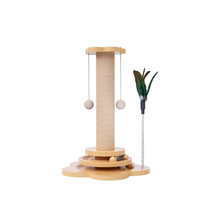 Feline enrichment wooden scratching post tower, a robust cat toy for hours of pet entertainment.