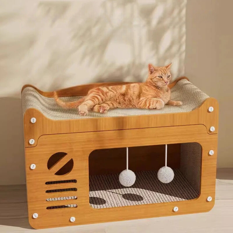 Multi-level cat scratcher house for feline play, comfort & rest. Durable pet furniture with scratch pads.
