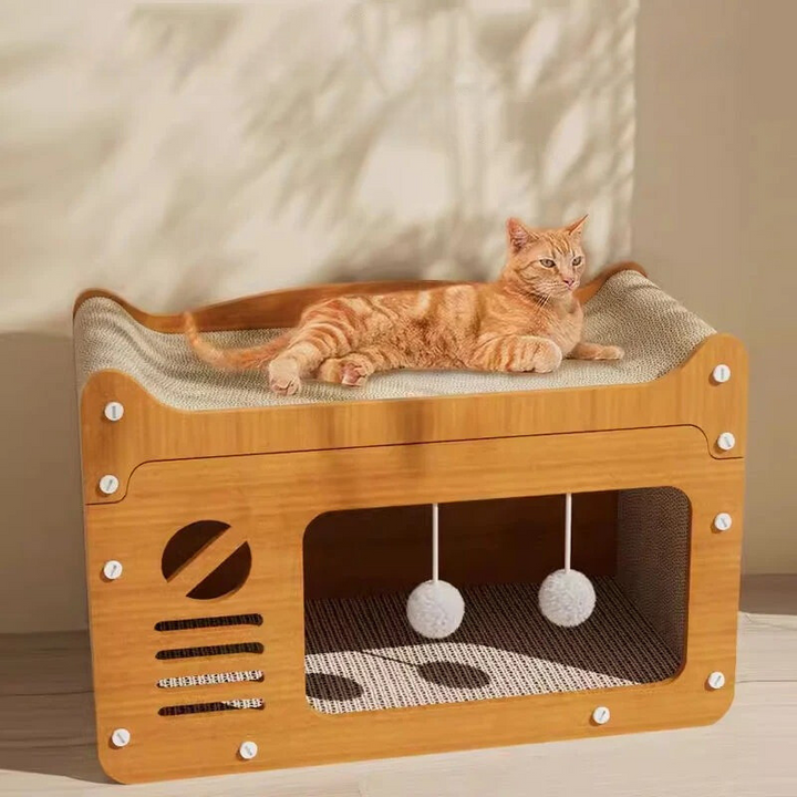 Multi-level cat scratcher house for feline play, comfort & rest. Durable pet furniture with scratch pads.