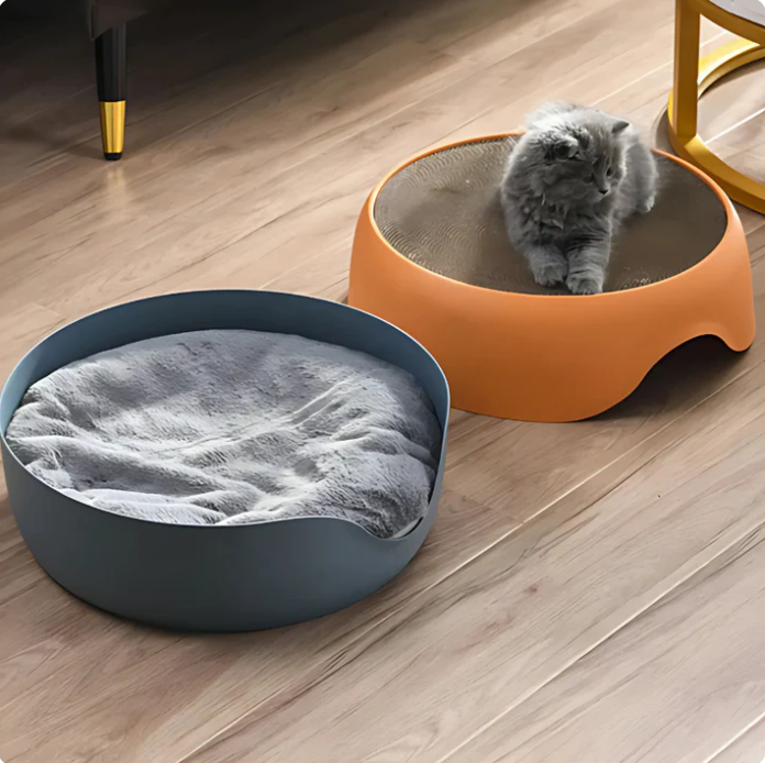 Cozy pet lounge & cat scratcher combo, featuring a plush cushion and durable scratching surface for cats.