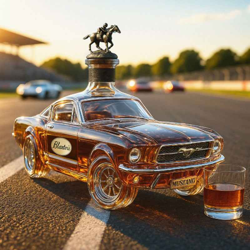 Mustang car whiskey decanter, a unique glass spirit dispenser for home bar enthusiasts and automotive gift.