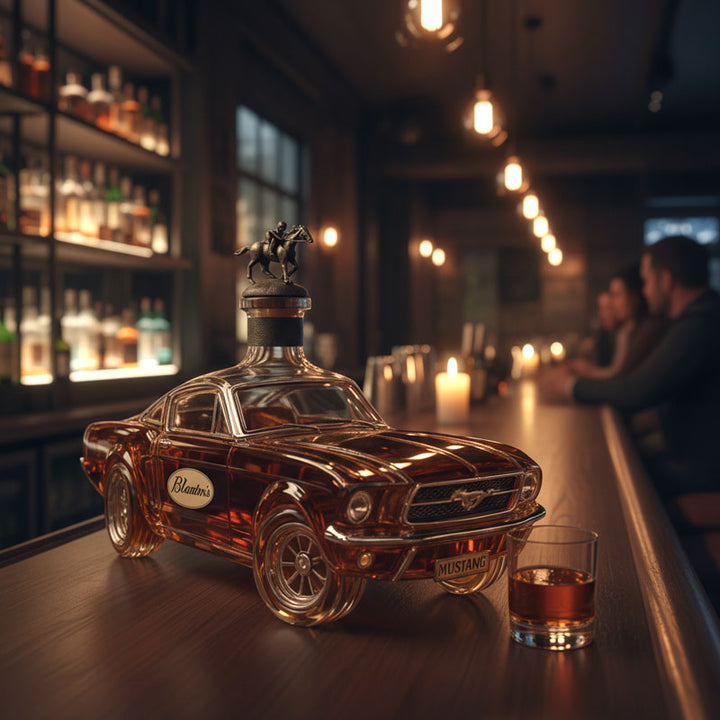 Elegant glass Mustang car decanter, perfect for whiskey or bourbon, a stylish addition to any home bar.