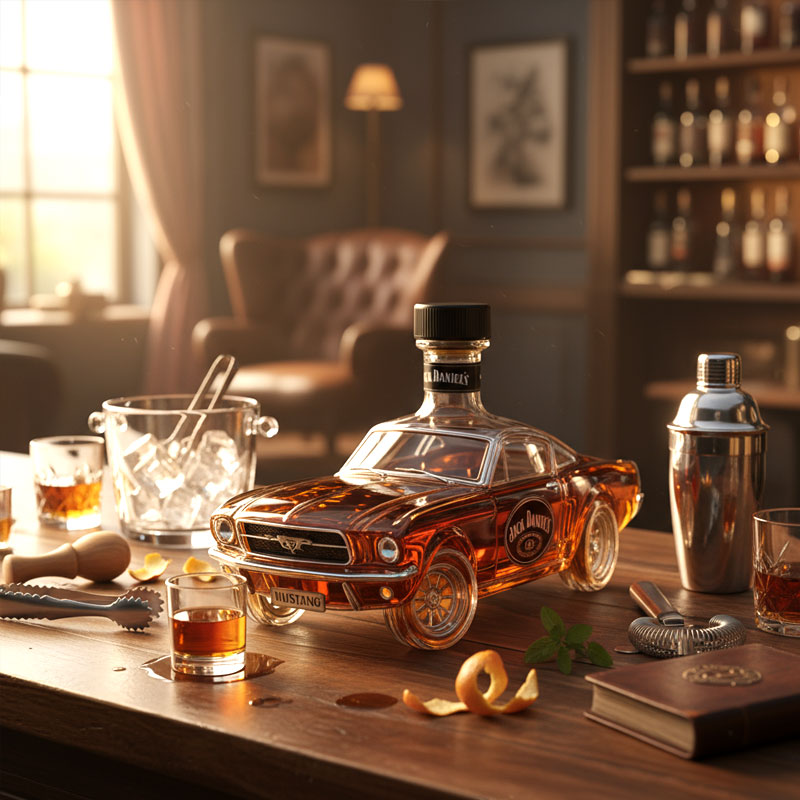 Deluxe Mustang car whiskey decanter, an ideal bourbon gift for dad, car lovers, or any home bar enthusiast.