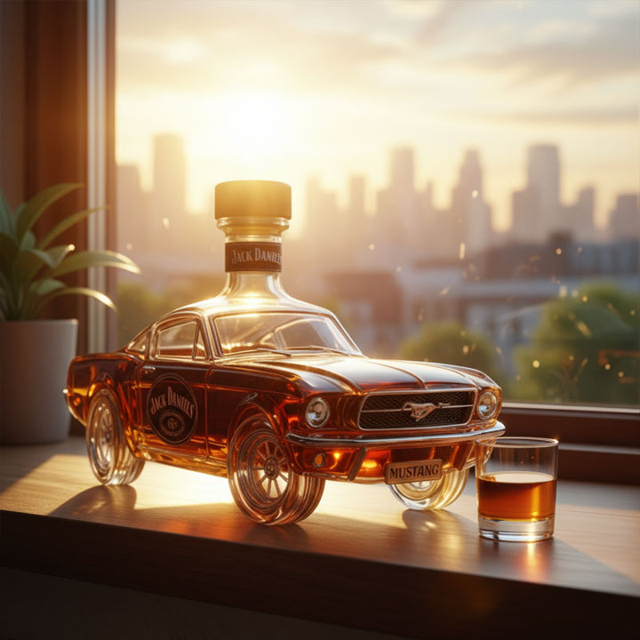 Detailed Mustang car whiskey decanter, a clear glass spirit dispenser for bourbon, scotch, or other spirits.