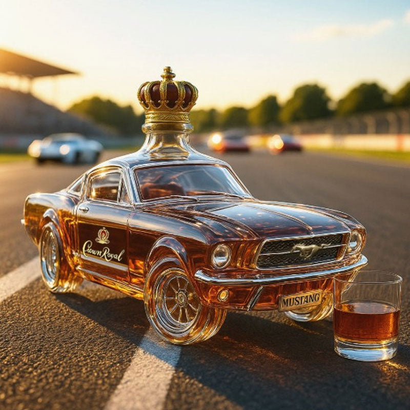 Pouring bourbon from a sleek Mustang car whiskey decanter, enhancing any home bar or barware collection.