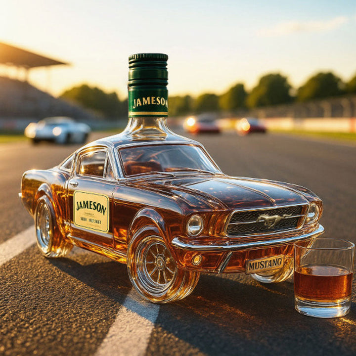 Unique glass Mustang car whiskey decanter, an impressive gift for car enthusiasts & home bar owners.