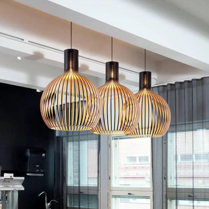 Natura Orb wooden pendant lamp with organic design, perfect for cozy interior decor & natural home lighting.