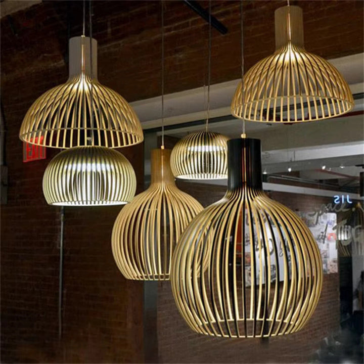 Modern rustic Natura Orb wooden pendant lamp, an organic ceiling light for dining room or living room.