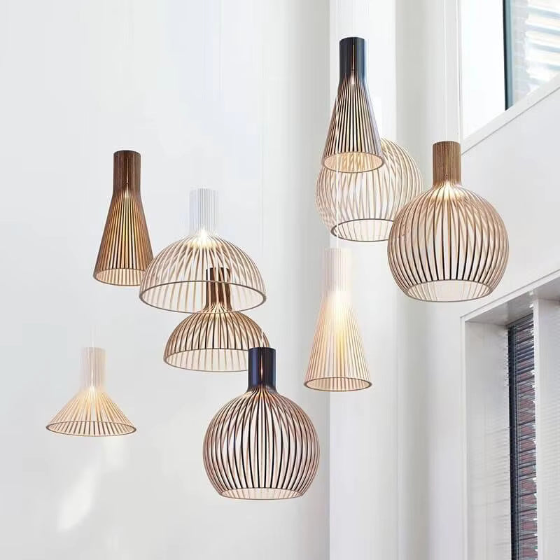 Close-up of Natura Orb wooden pendant lamp, showcasing organic design and natural wood texture.