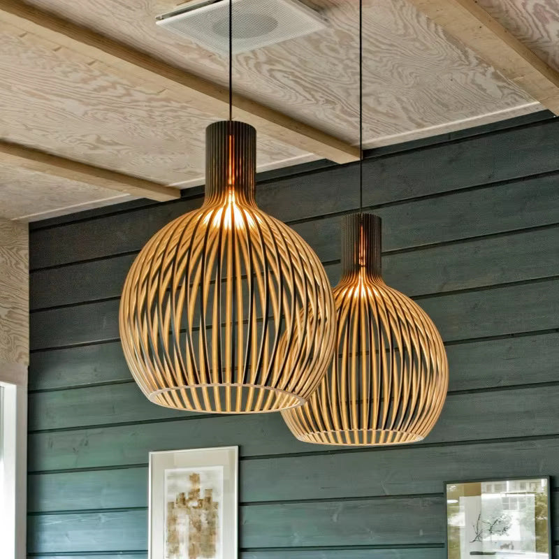 Stylish Natura Orb pendant lamp, a wooden, organic design ceiling light ideal for contemporary or rustic homes.