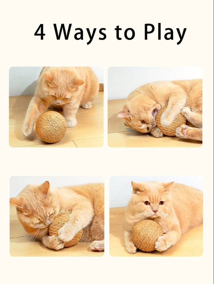 Happy cat playing with a natural sisal scratch ball, promoting healthy claw care & enrichment.