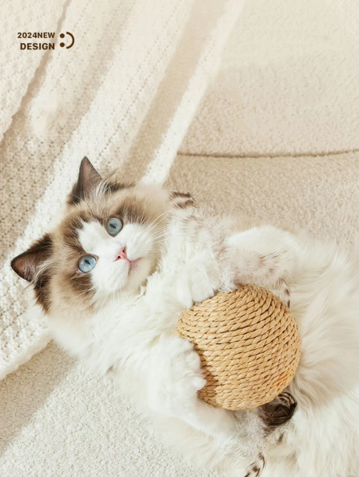 Natural sisal play ball for cats, offering enriching scratching activity & promoting claw care.