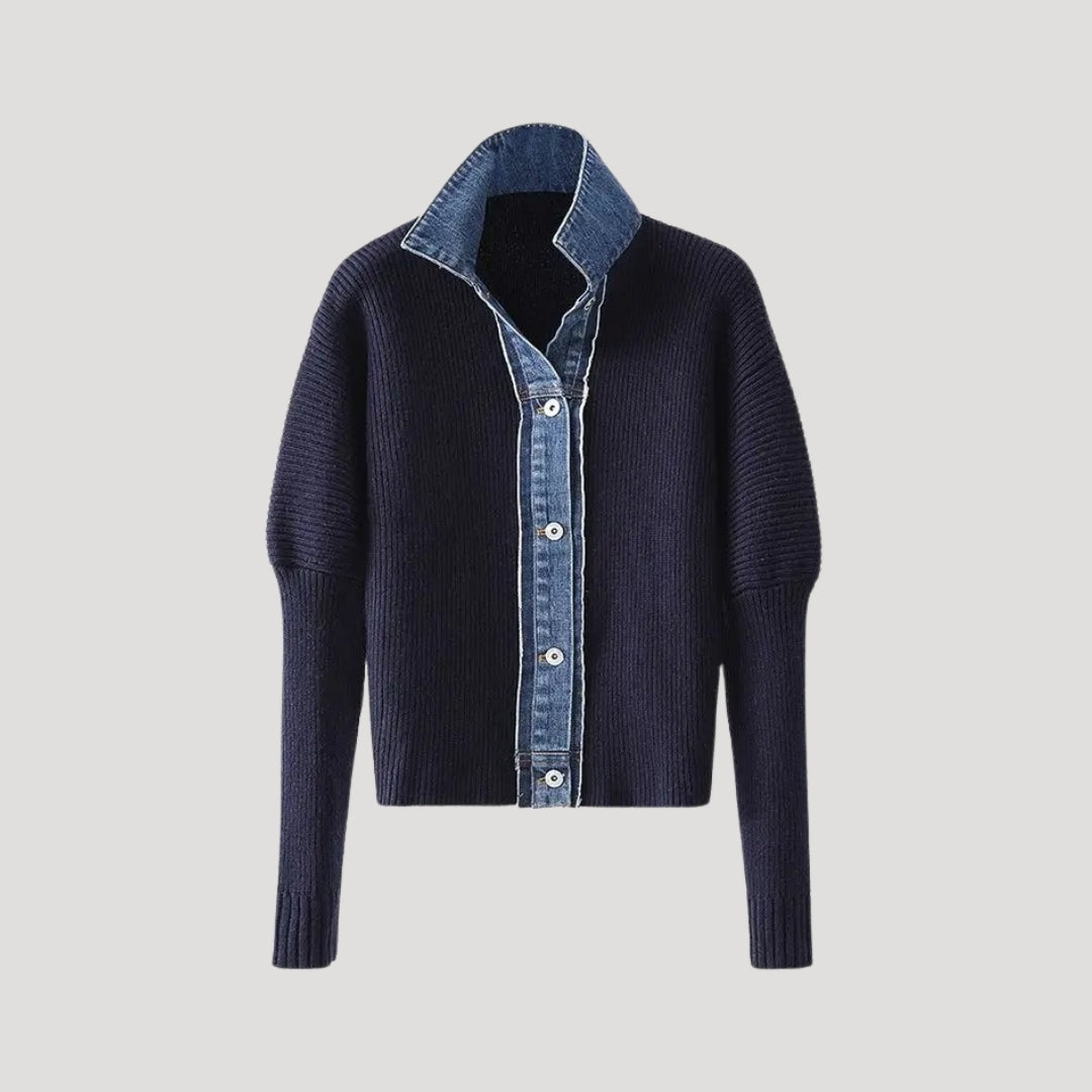 Navy women's spring cardigan jacket, layered, button-down, casual outerwear.