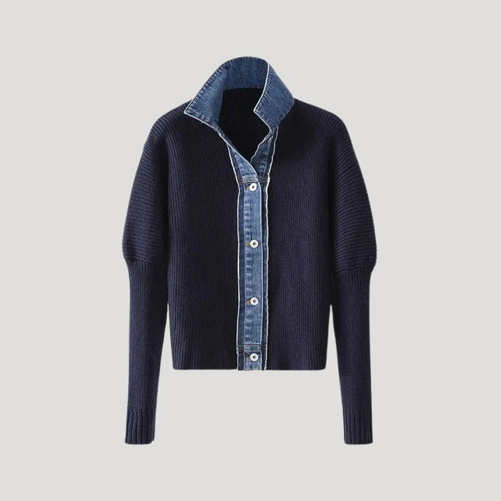 Navy women's spring cardigan jacket, layered, button-down, casual outerwear.