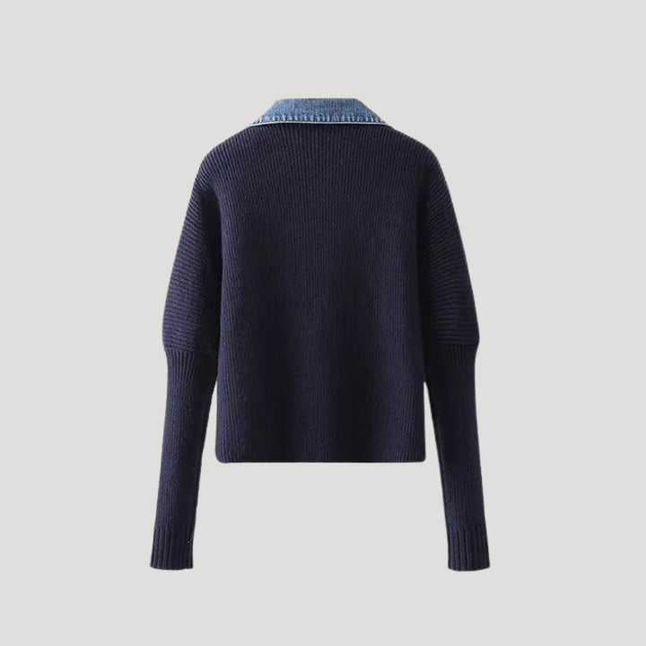 Women's navy cardigan jacket for spring, layered design with decorative buttons.