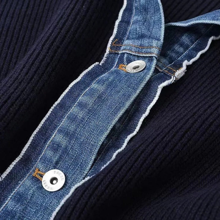 Navy women's casual layered spring jacket with buttons, essential outerwear.