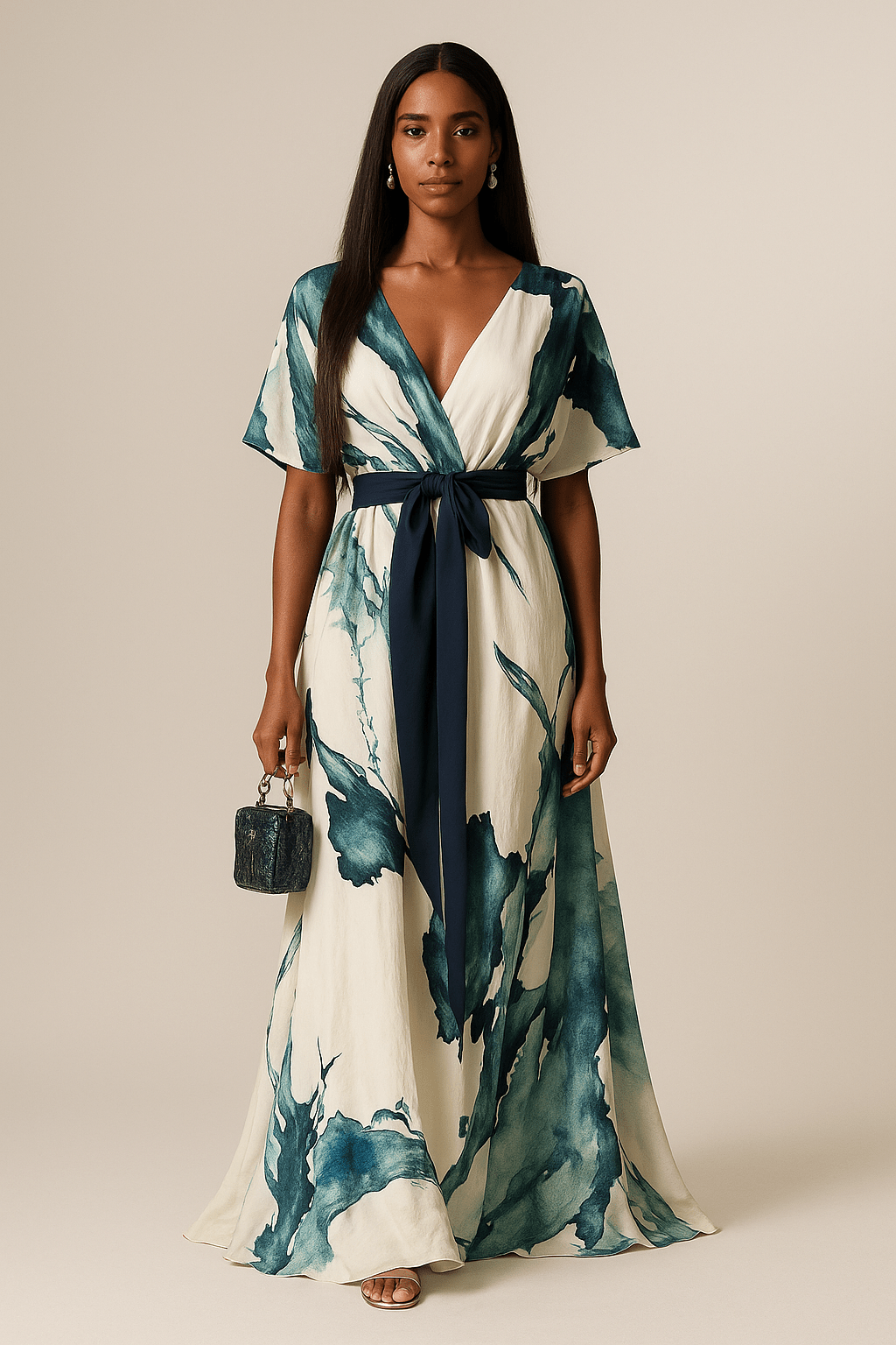 Women's long dress with vibrant watercolor print, flowing fabric, elegant style for summer occasions.