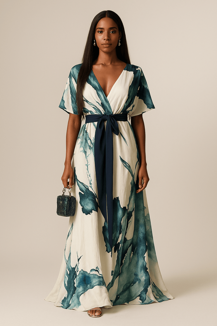 Women's long dress with vibrant watercolor print, flowing fabric, elegant style for summer occasions.
