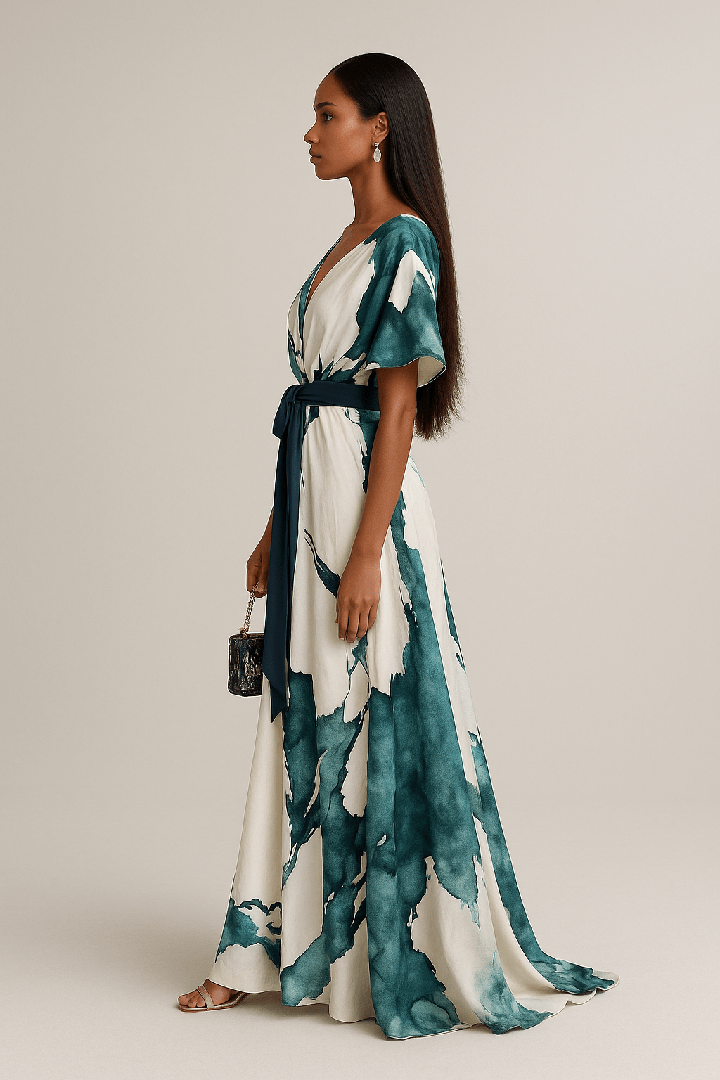 Elegant women's watercolor print maxi dress. Flowing design ideal for summer events & versatile styling.