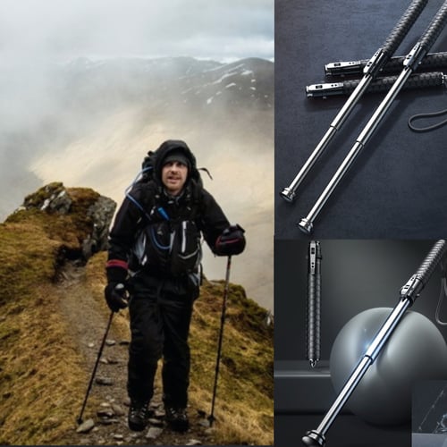 Compact black folding walking cane, perfect for travel & elderly support, shown folded for storage