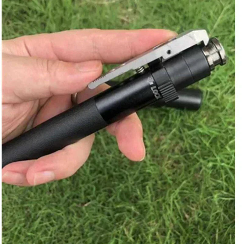 Unisex black automatic folding cane, close-up of comfortable handle & sturdy aluminum shaft