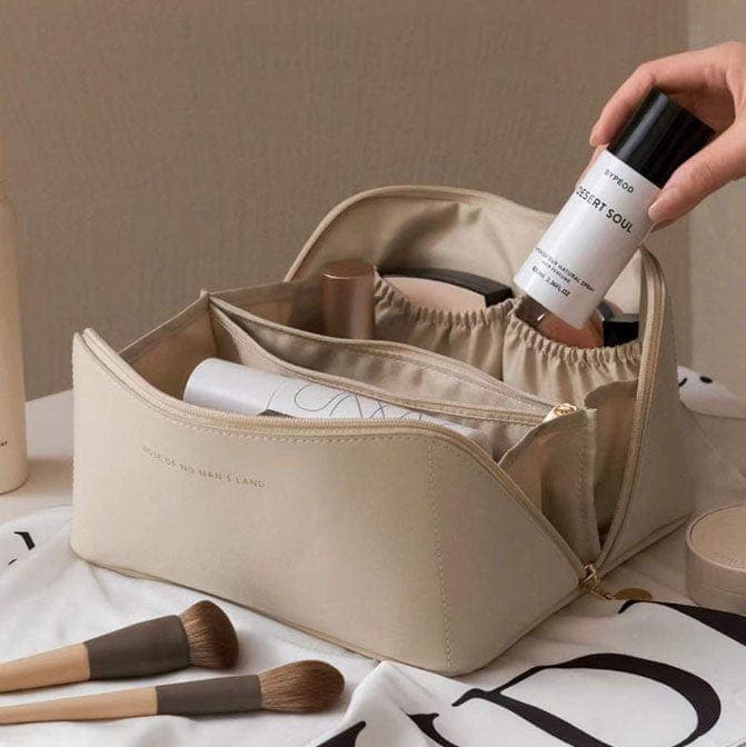 Women's new leather makeup bag with gold zipper, compact travel pouch for toiletries and cosmetics