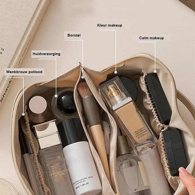 Top-view of new portable leather cosmetic organizer, perfect women's beauty accessory storage