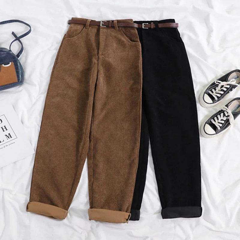 New brown women's high-waisted corduroy trousers, relaxed fit, perfect for winter casual wear.