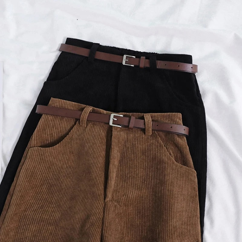 Black high-waisted corduroy trousers for women, comfortable and versatile, a new winter fashion staple.